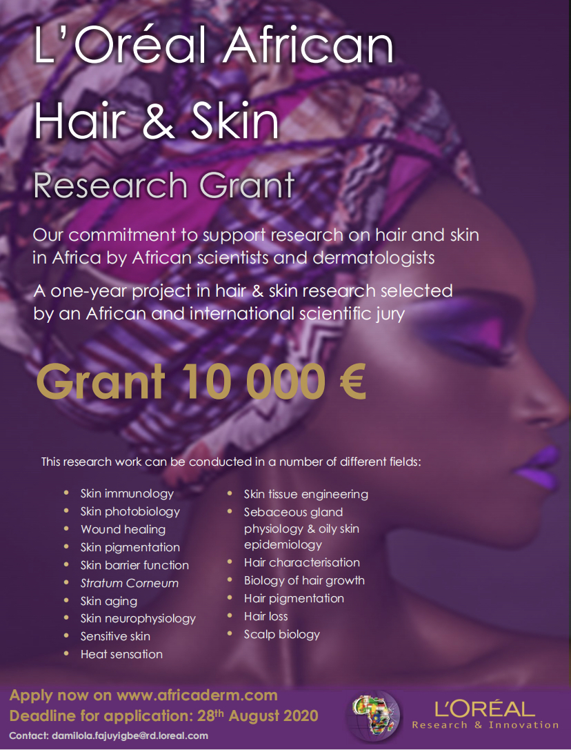 Loreal grant 2020, loreal resident dermatologists, loreal africa